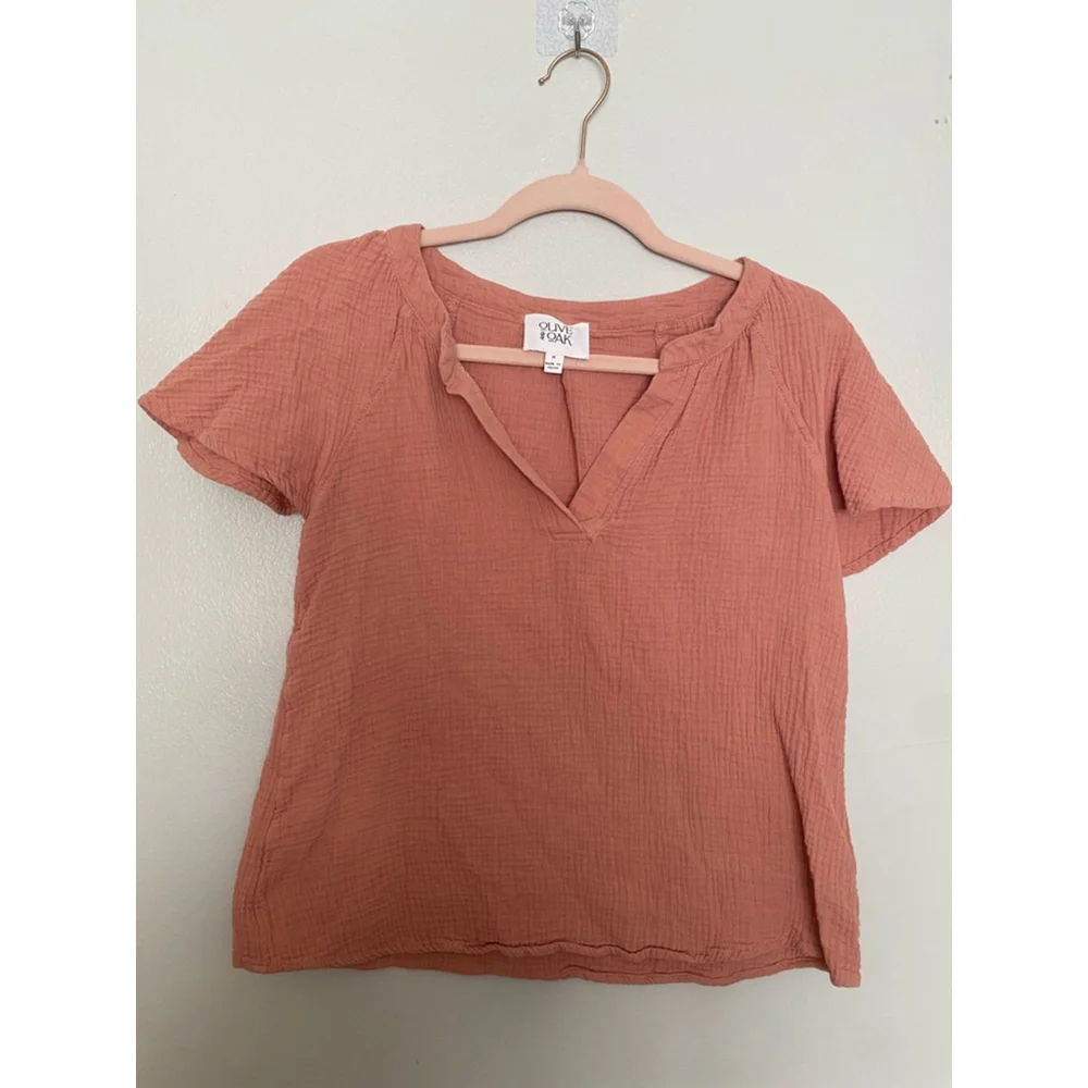 Olive & Oak Gauze Blouse 100% Cotton Muted Coral Soft Summer Spring Boho Earthy - Picture 2 of 6